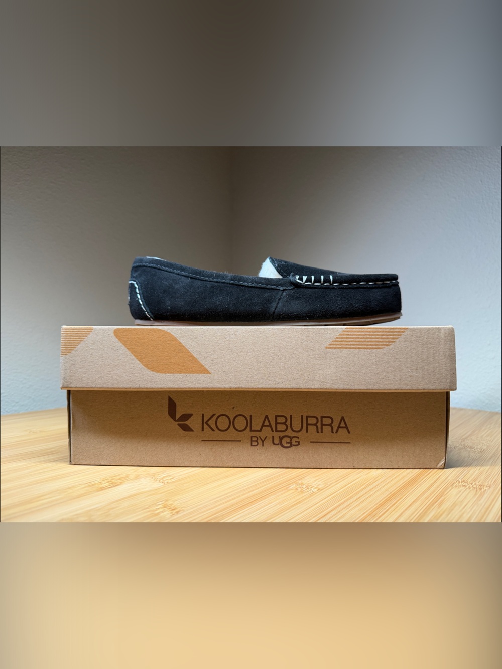 UGG Koolaburra Black Lezly Suede Slip-On Moccasin with Contrast Stitching